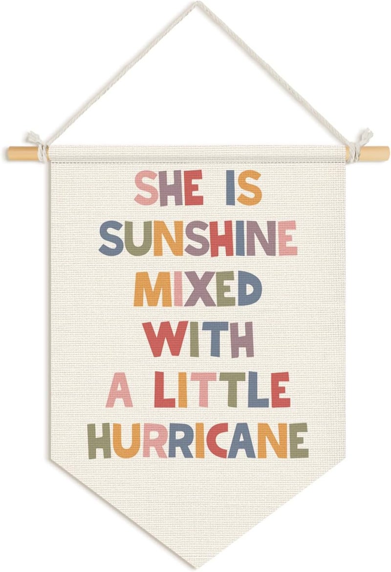 Wheatwin Girl Nursery Decor, She Is Mixed With a Little Hurricane Wall Hanging Pennant Flag Banner, Inspirational Nursery Wall Decor for Toddler Baby Girls Room Bedroom Dorm Playroom 15x11 Inch - Image 1